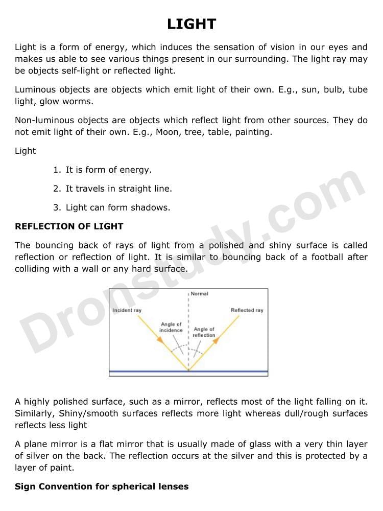 NOTES OF LIGHT CLASS 10