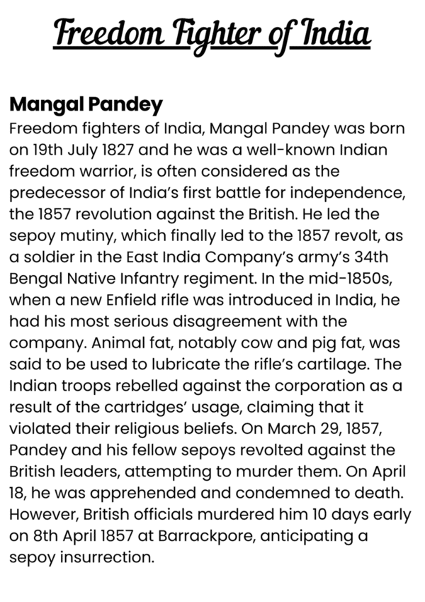 Freedom Fighter of India - 1 Flashcards - Class 1 General Knowledge