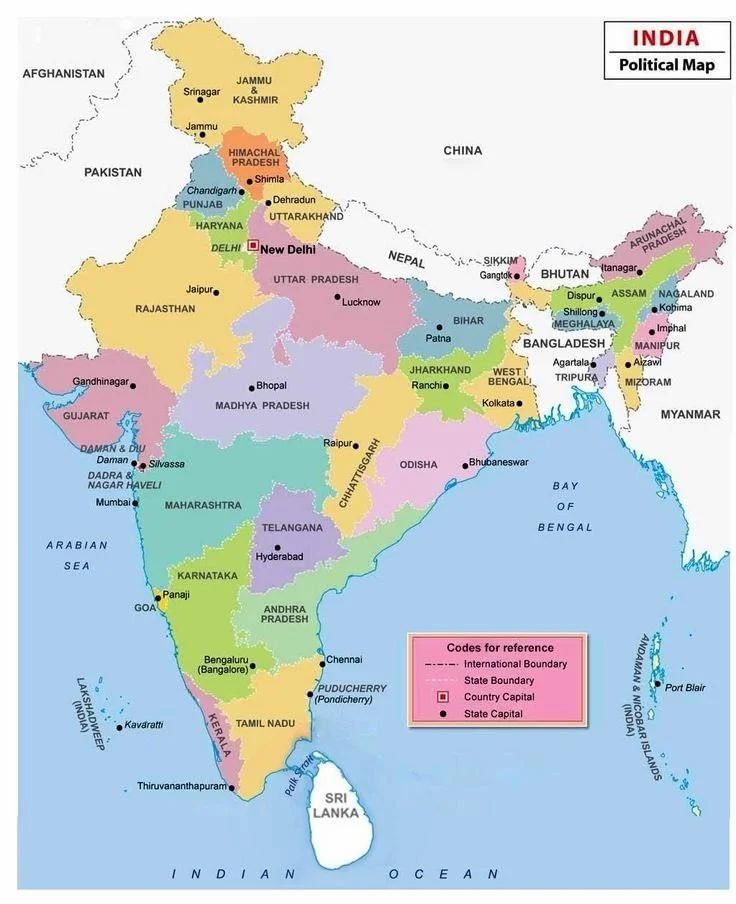 Political Map of India depictiong states and towns