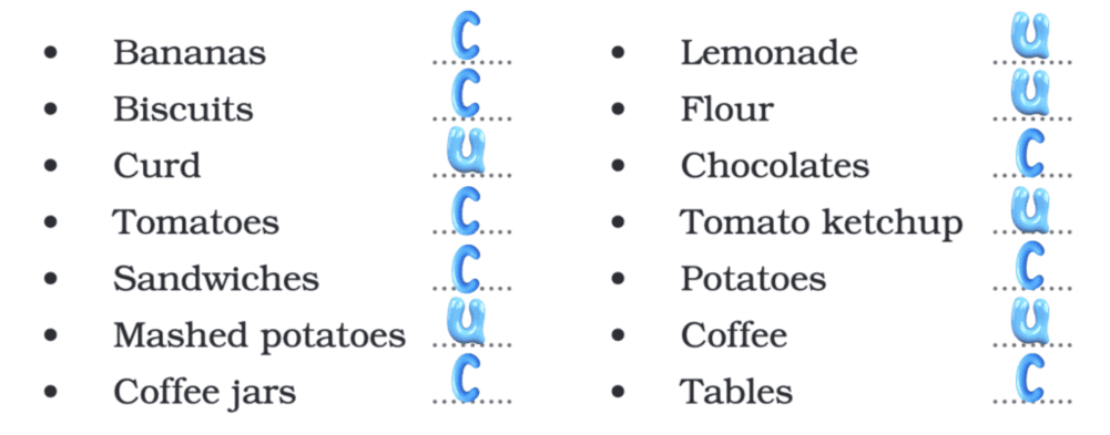 A. Classify the following as `C` (Countable) and `U` (Uncountable)