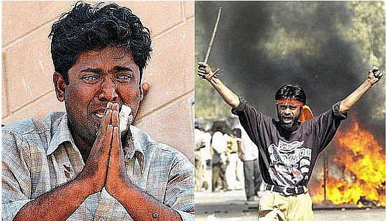 Haunting images of communal violence in Godhra, Gujarat in 2001 (Left) A Muslim begging for his life, (Right)A triumphant Hindu rioteer