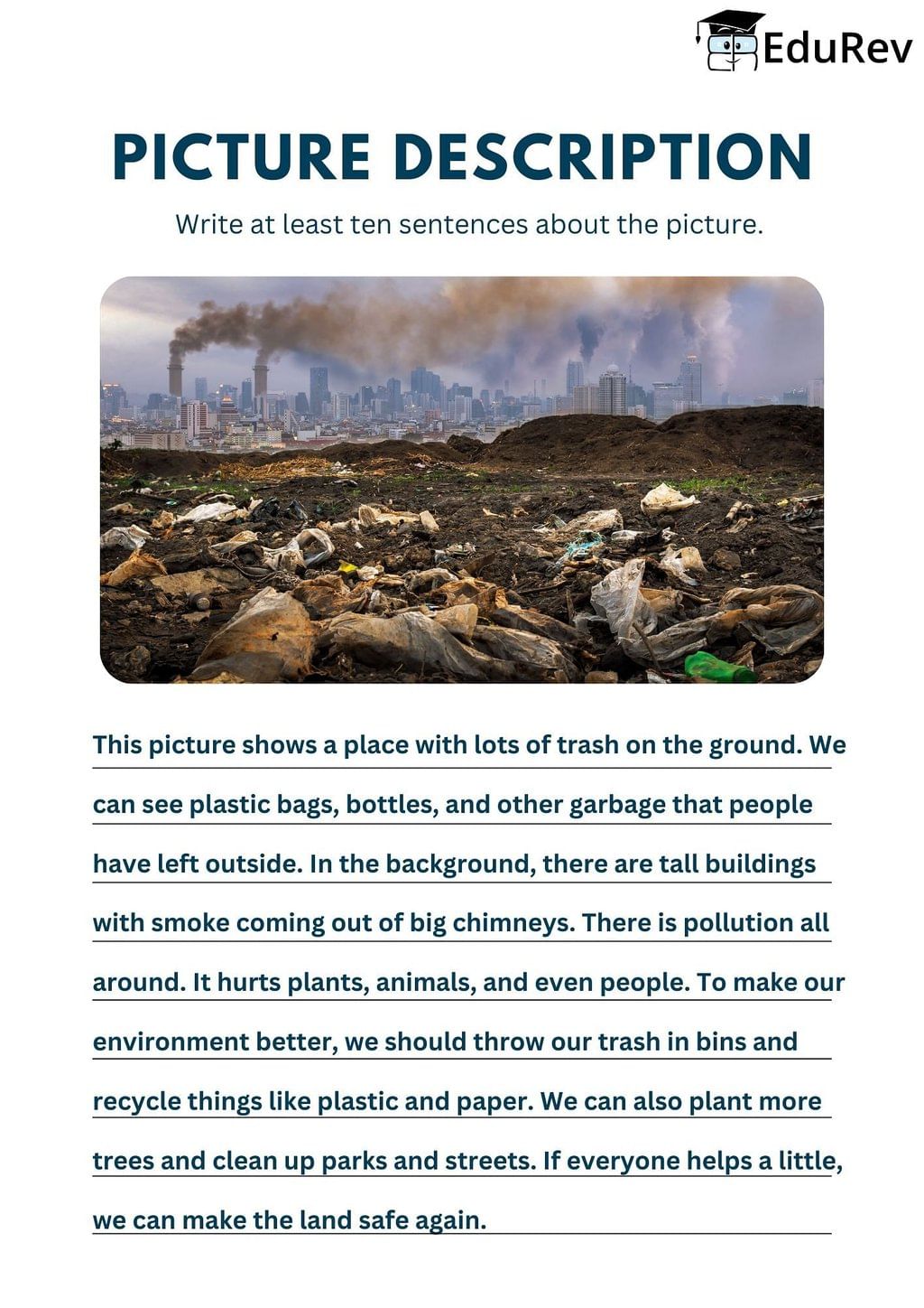 Worksheet Solutions: Picture Description - 1 | Worksheets with Solutions for Class 5