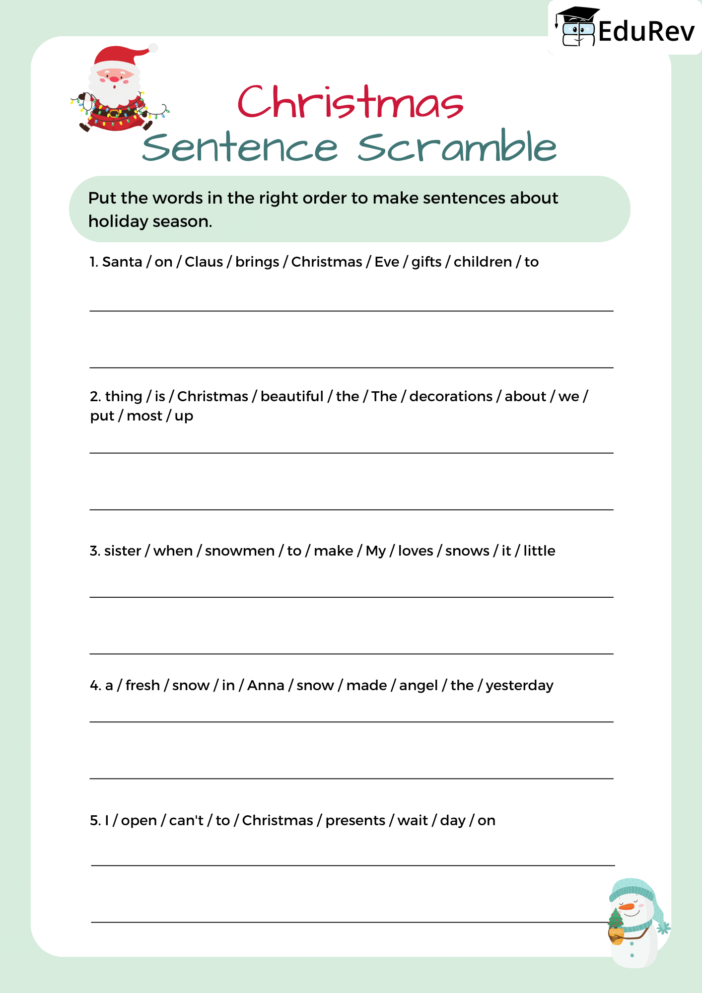 Printable worksheet: Place Sentences in Correct Order | Worksheets with Solutions for Class 5