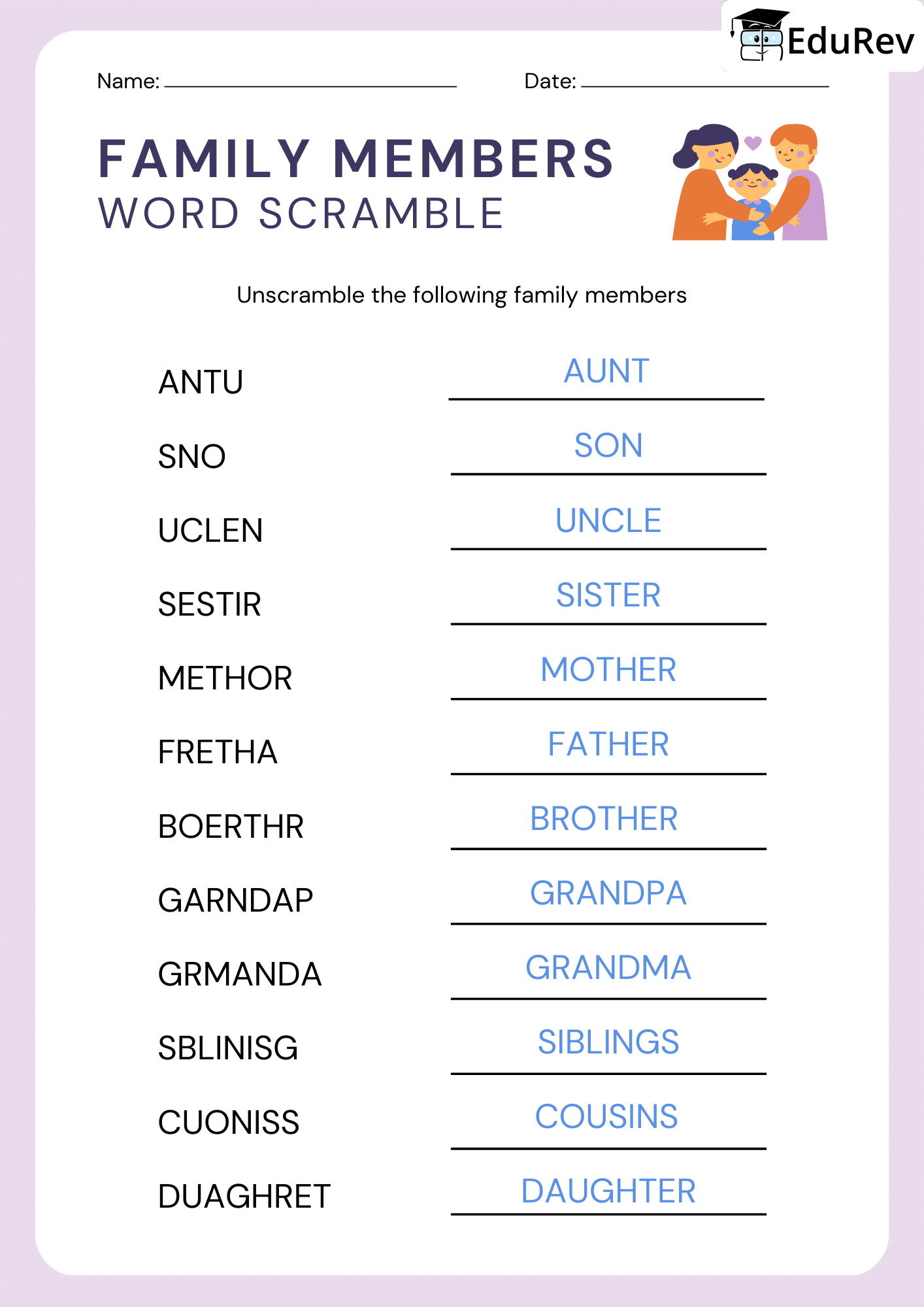 Visual Worksheets - Unscramble Names of Family members - 2 | English Olympiad for Class 3