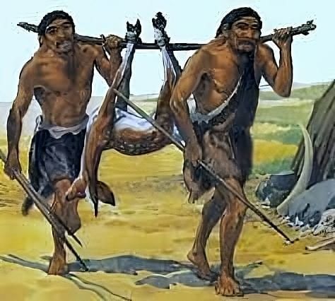 Early man carrying Deer