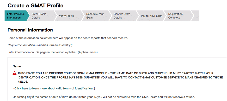 GMAT registration profile completion page