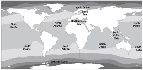 World – major seas, lakes and rivers