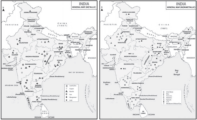 India (a) metallic minerals (ferrous) (b) minerals (non-ferrous)