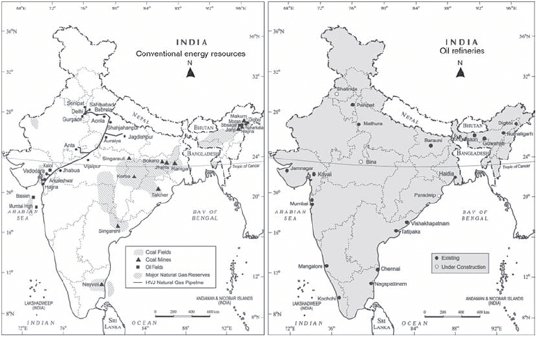 India (a) Conventional energy resources (b) Oil refineries