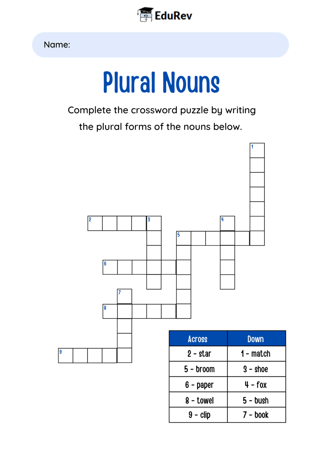 Crossword: Noun | English Grammar for Class 6