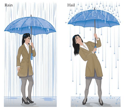 Since hailstones bounce back off an umbrella, compared to water droplets from rain, there is a greater impulse on an umbrella in hail than in rain