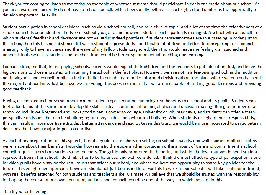 Demo Answer: Speech | English Language for GCSE/IGCSE - Class 10