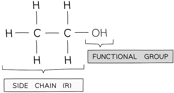 Diagram of the side chain and -OH group in ethanol which characterizes its chemistry