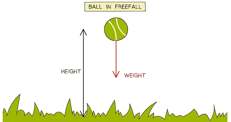 The weight on the ball produced by the gravitational field does work on the ball over a distance equal to the height of the ball