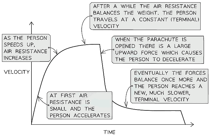 Graph showing how the velocity of a skydiver changes during descent