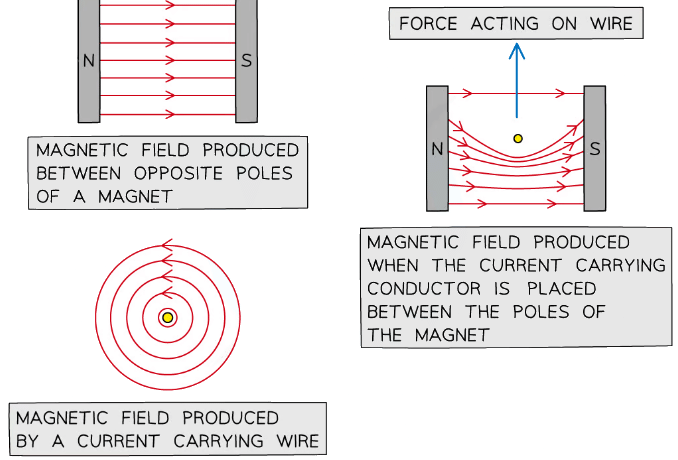 The magnetic field between opposite poles of magnets interact with the magnetic field produced around a current-carrying wire