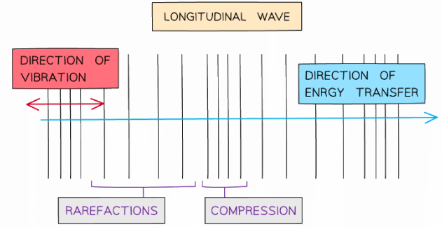 Longitudinal waves are represented as sets of lines with rarefactions and compressions