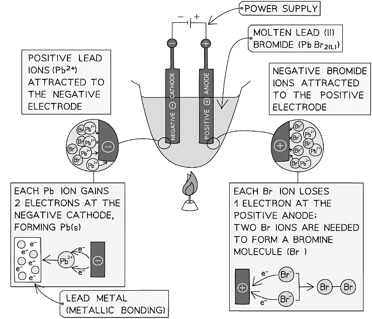 Diagram showing the electrolysis of lead (II) bromide