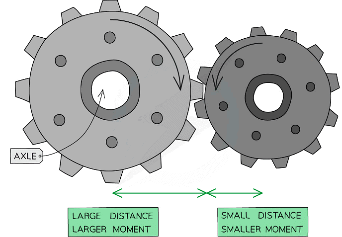 Two gears will rotate in opposite directions. A larger gear will have a larger moment