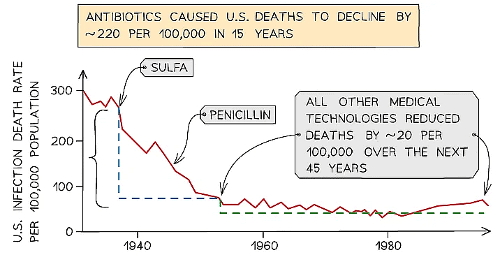 The introduction of antibiotics has had one of the largest impacts on global health, shown by this example in the USA