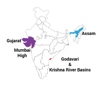 Map of India showing the places where petroleum reserves are found