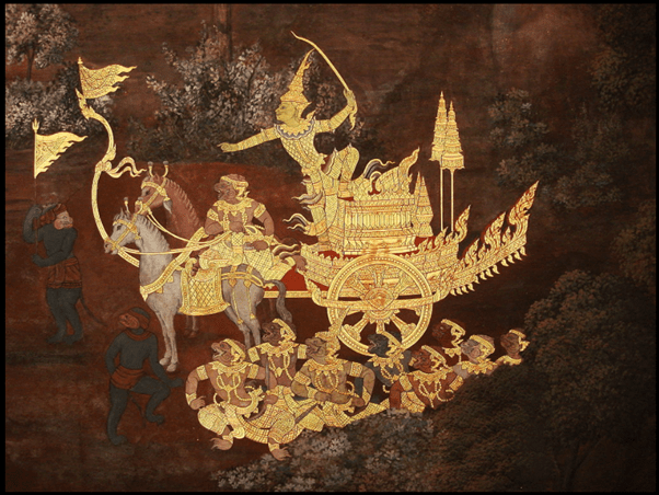 Rama with the monkey army adorning the walls of temple in Thailand