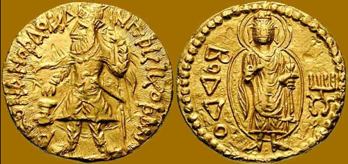 Gold coin of Kanishka I, with a depiction of the Buddha, with the legend `Boddo` in Greek Script