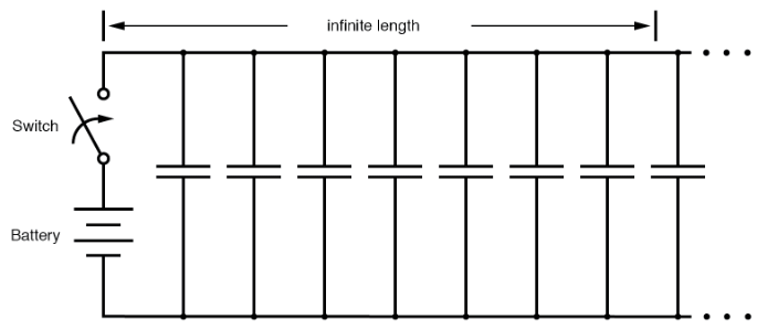 Equivalent circuit showing stray capacitance between conductors.
