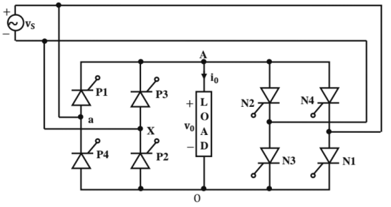 Single-phase to single-phase cycloconverter rircuit (a) mid-point type and (b) bridge type