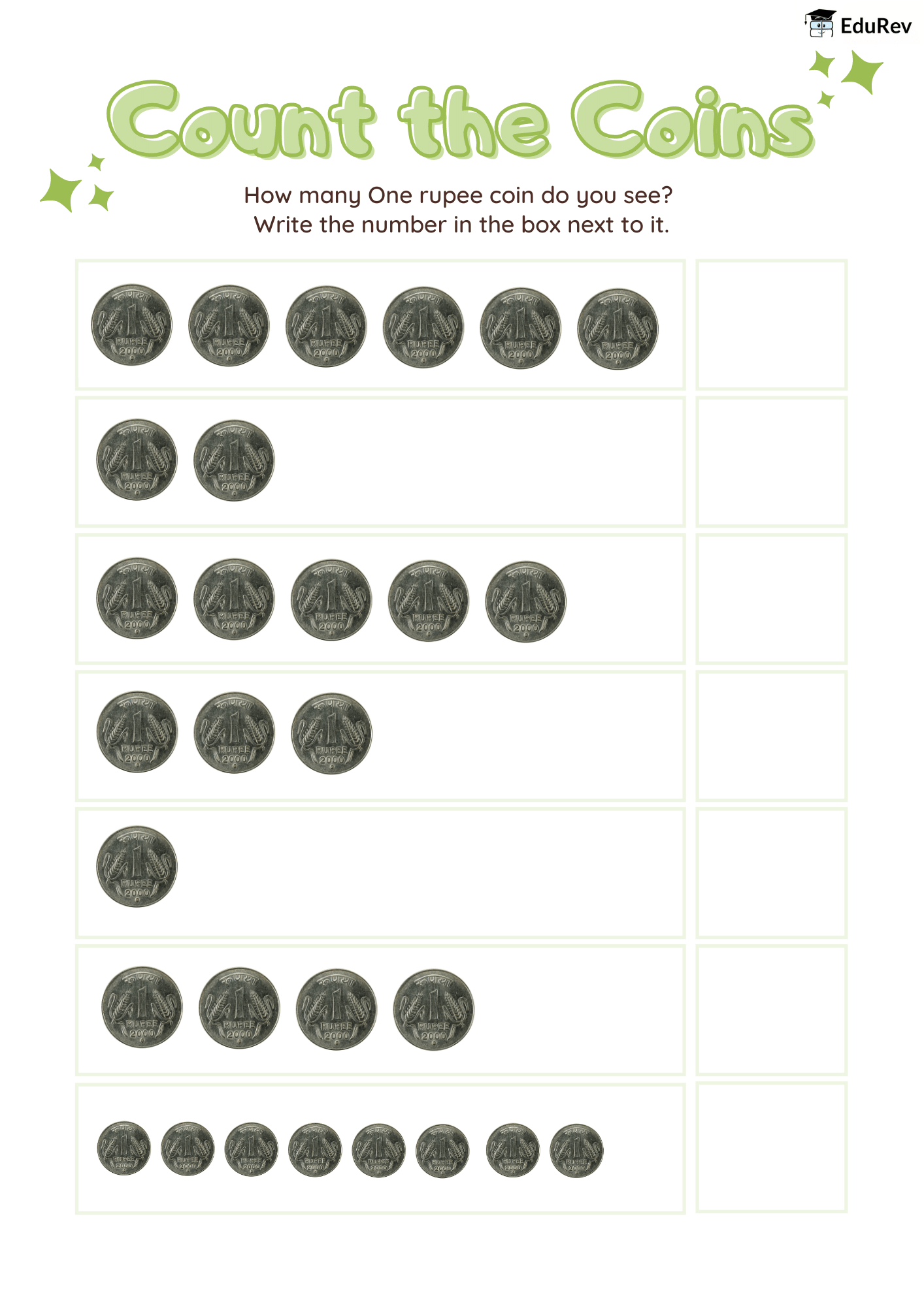 Printable Worksheet: Count the Coins | Maths for LKG