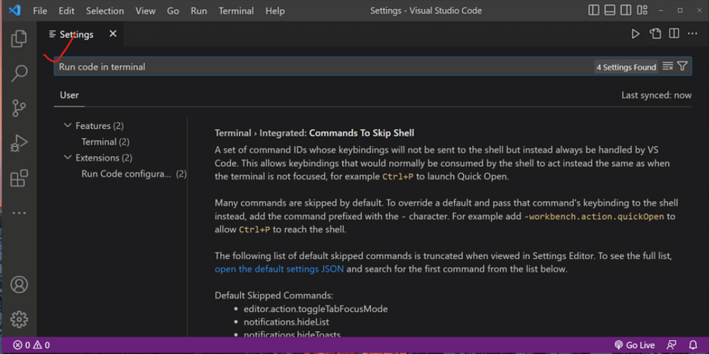 Type `Run code in terminal` and press Enter key 