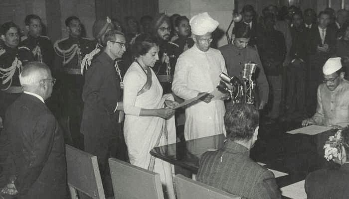 Indira Gandhi taking oath as Prime Minister of India