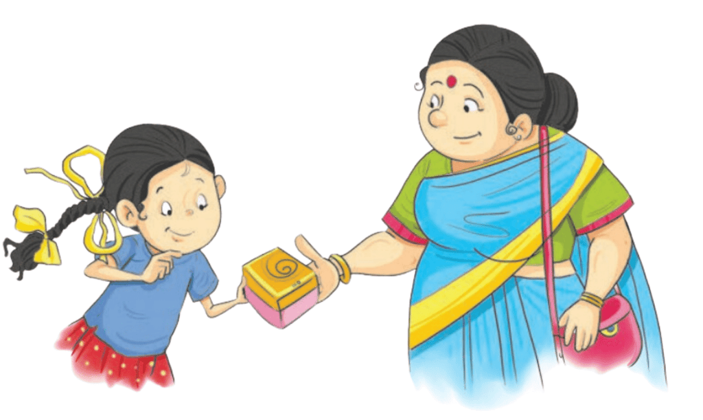 माँ माला को एक छोटी डिब्बी देती है।