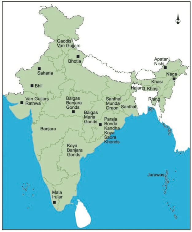 Location of some tribal groups in India
