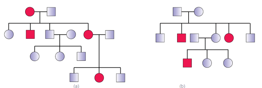 Representative pedigree analysis of (a) Autosomal dominant trait (for example: Myotonic dystrophy) (b) Autosomal recessive trait (for example: Sickle-cell anaemia)