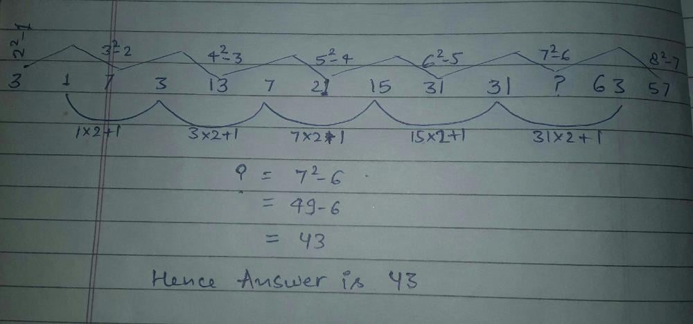 31x13 Math Answer 3, 1, 7, 3, 13, 7, 21, 15, 31, 31, ?, 63, 57 a)41 b)39 c)38 d)43Correct ...