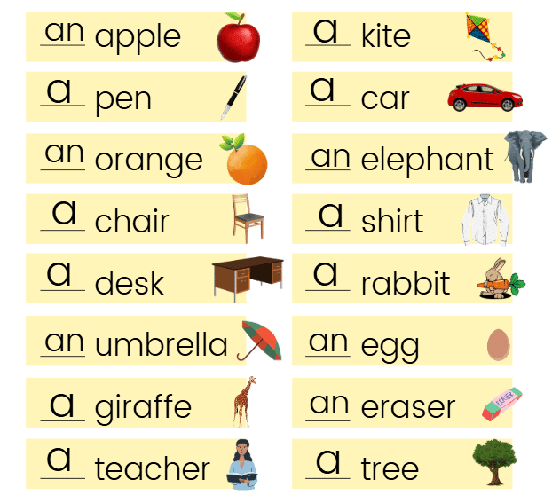 Worksheet Solutions: Articles - 1 | English Grammar for Junior Classes - Class 1