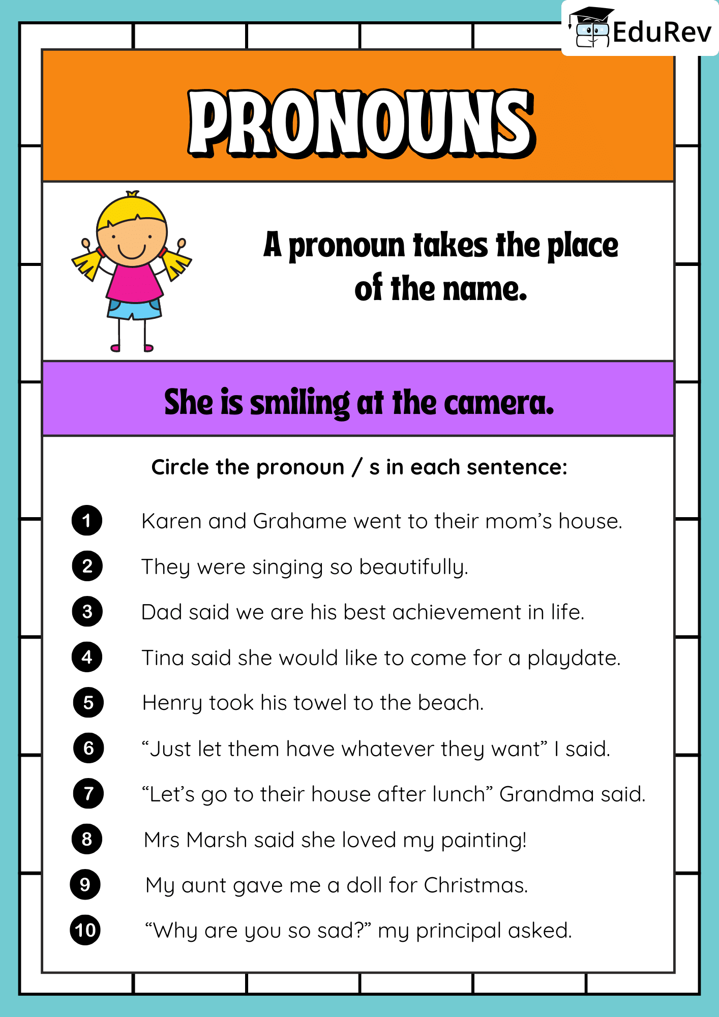 Printable worksheet: Circle the Pronoun | English Grammar for Junior Classes - Class 1