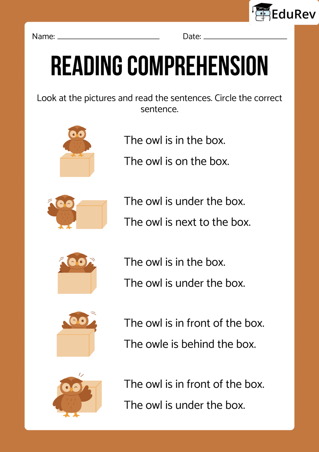 Printable worksheet: Choose the correct Preposition based on Image | English Grammar for Junior Classes - Class 1