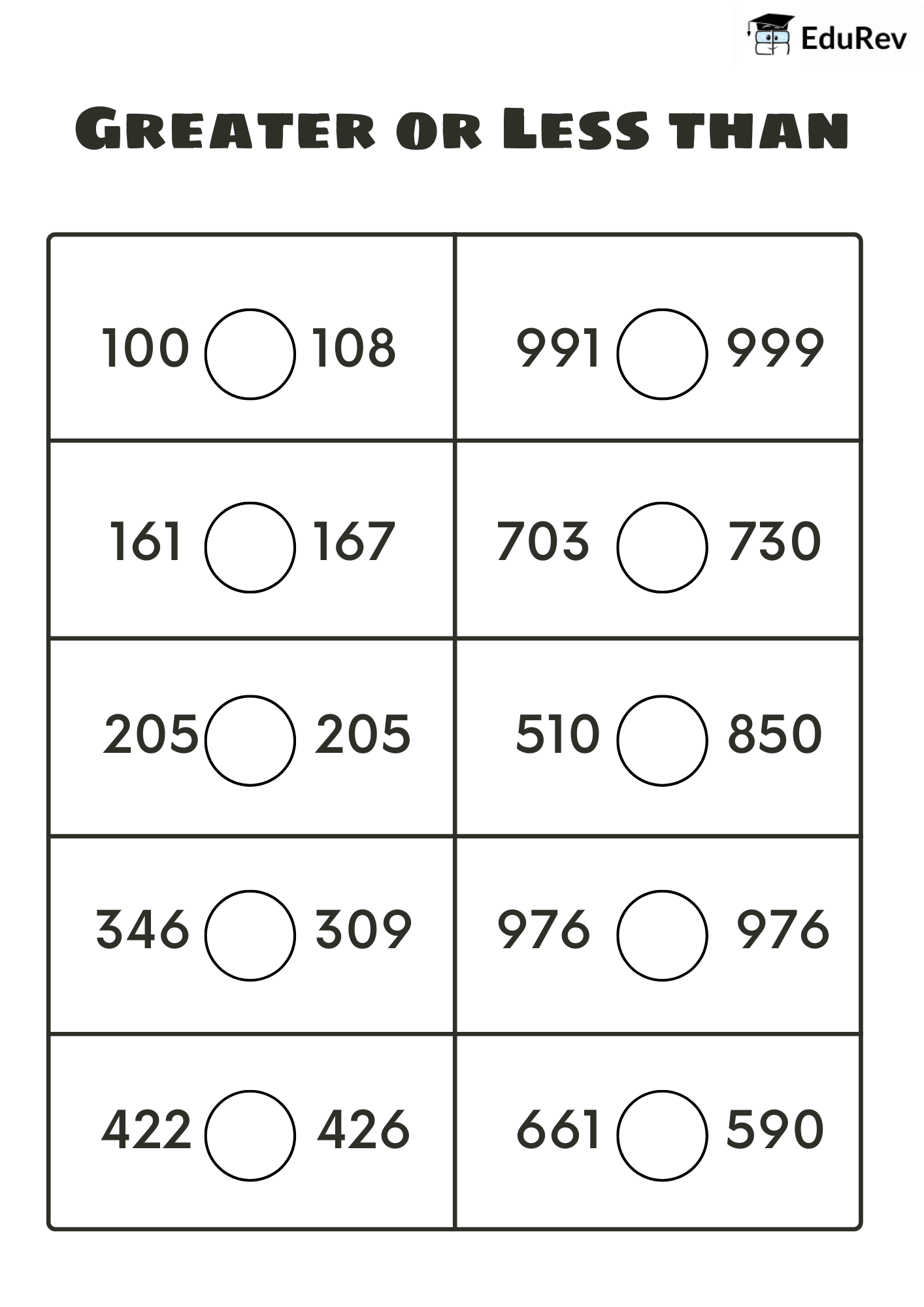 Printable Worksheet : Greater Or Less Than | Mathematics for Class 2 (Joyful-Mathematics)