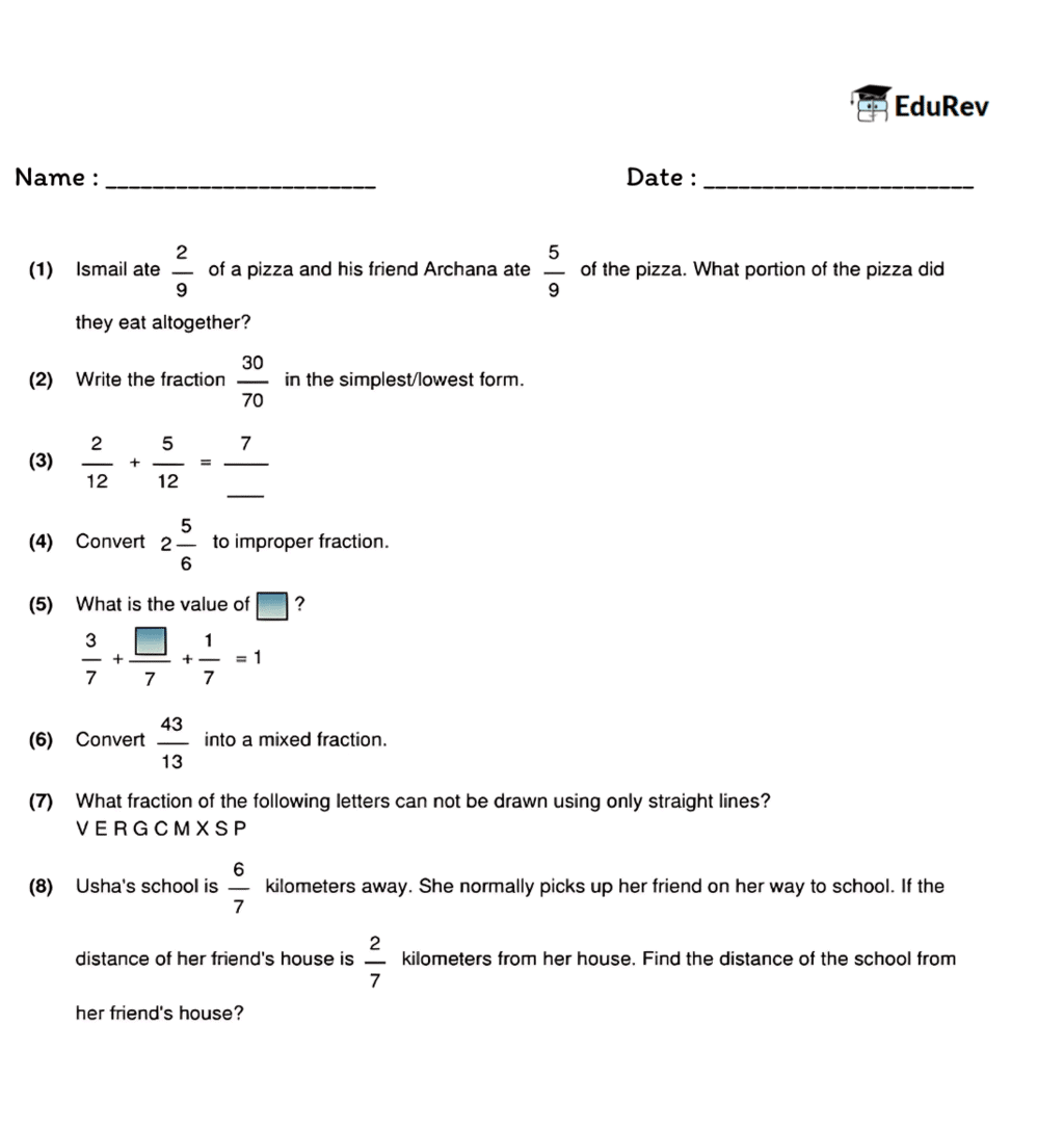 Printable Worksheet: Fractions | Mathematics for Class 4