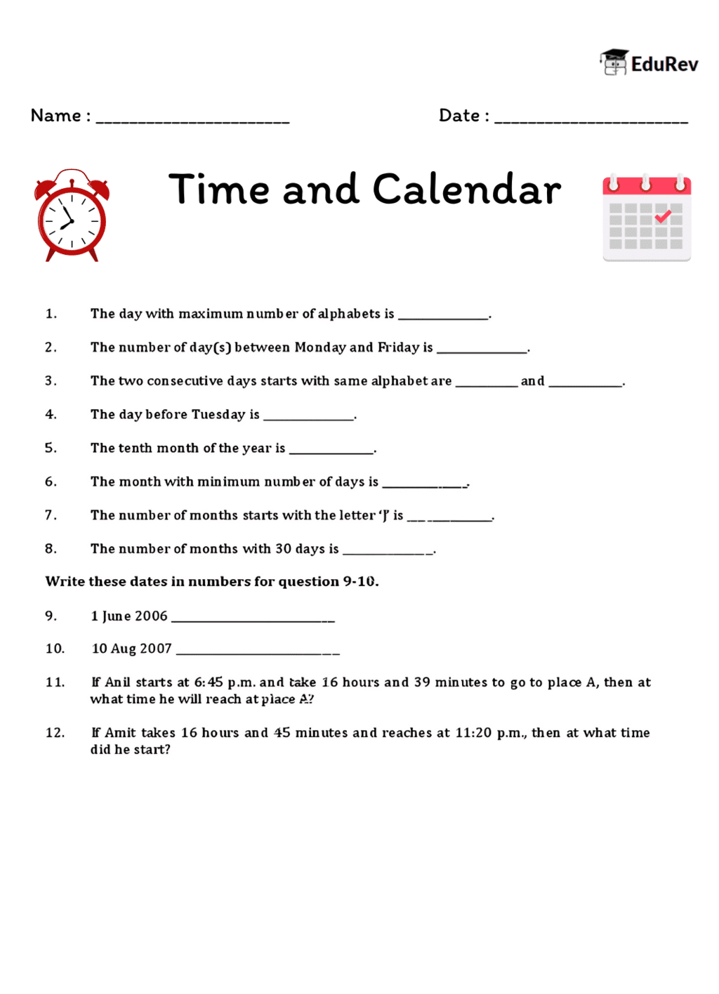 CBSE Printable Worksheet Class 4 Maths Chapter 12 - Time and Calendar Free Download