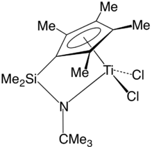 A constrained geometry complex. Such precatalysts are used for the production of polyolefins such as polyethylene and polypropylene.