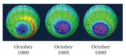 Satellite picture showing the hole (magenta colour) in the ozone layer over Antartica 