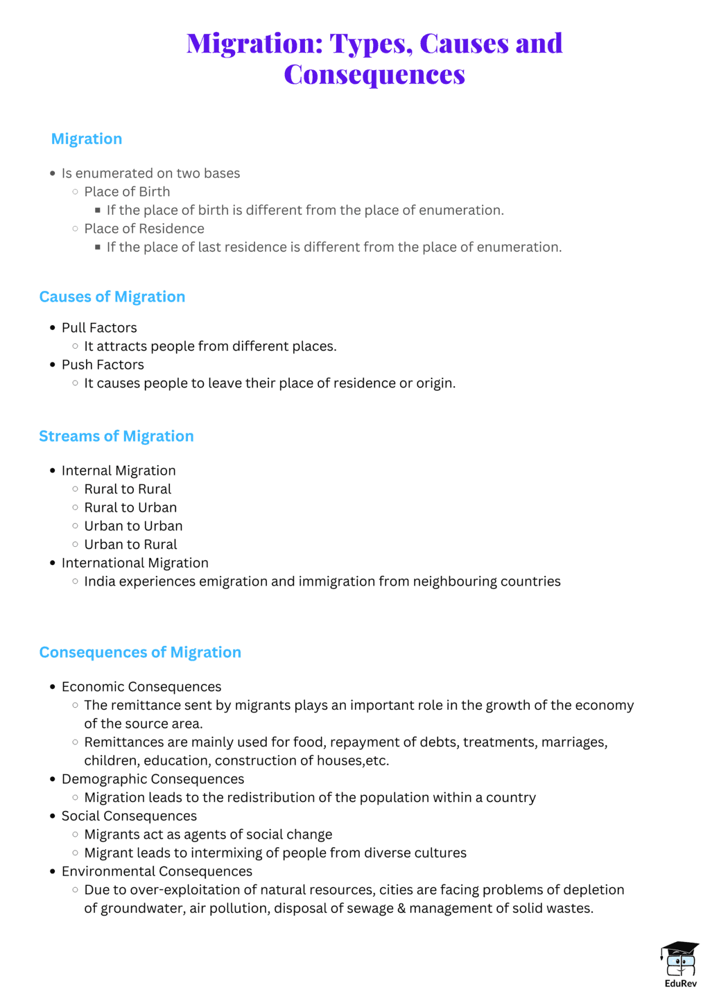 Mind Map: Migration : Types, Causes and Consequences | Class 6 to 12 NCERT Mindmaps for UPSC Preparation