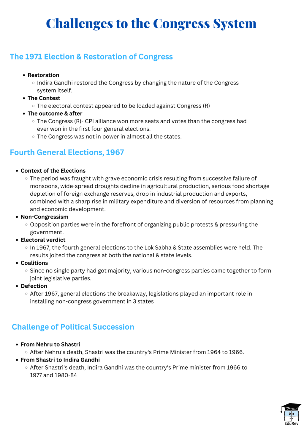 Mind Map: Challenges to and Restoration of Congress System | Political Science Class 12 - Humanities/Arts