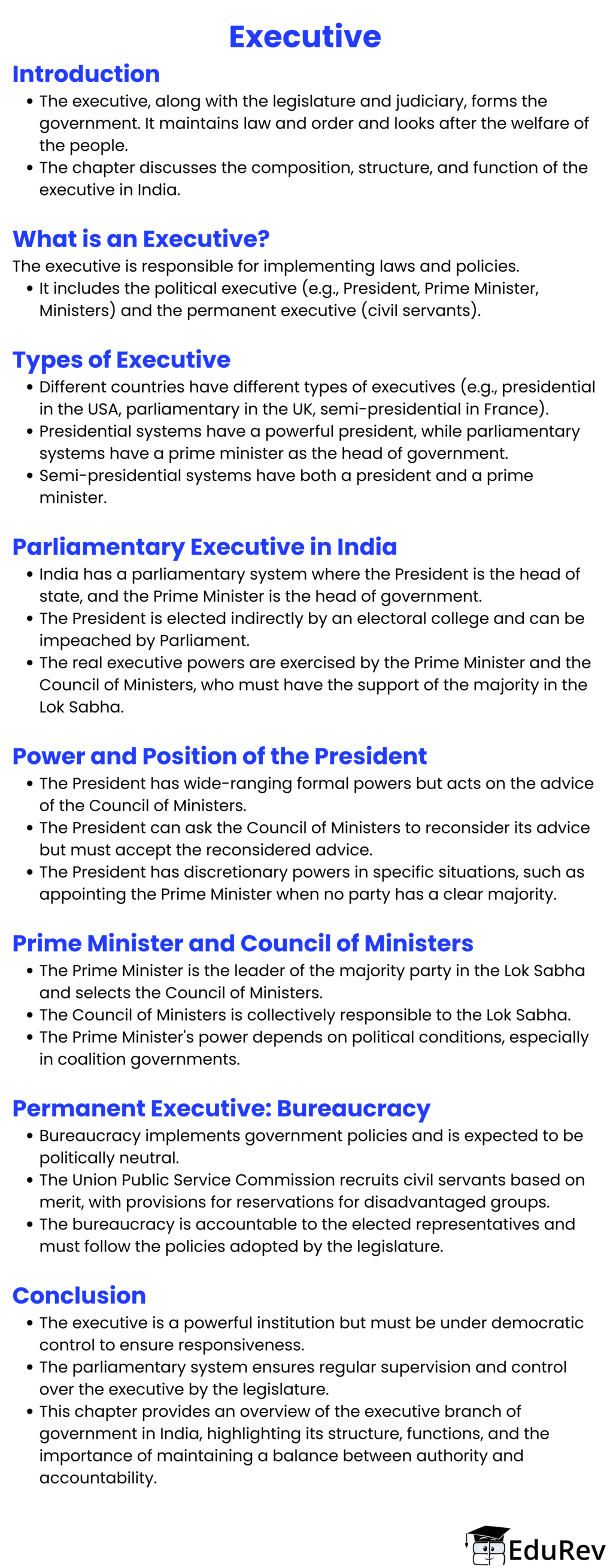 Mind Map: Executive | Political Science Class 11 - Humanities/Arts