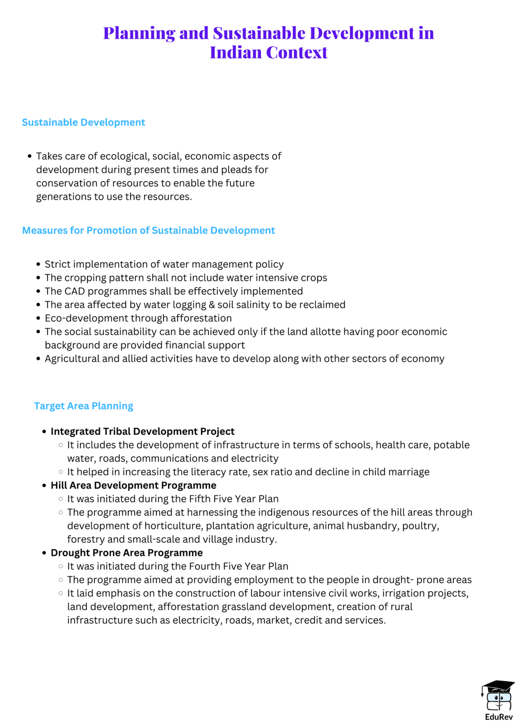 Mind Map: Planning and Sustainable Development in Indian Context | General Awareness for SSC CGL