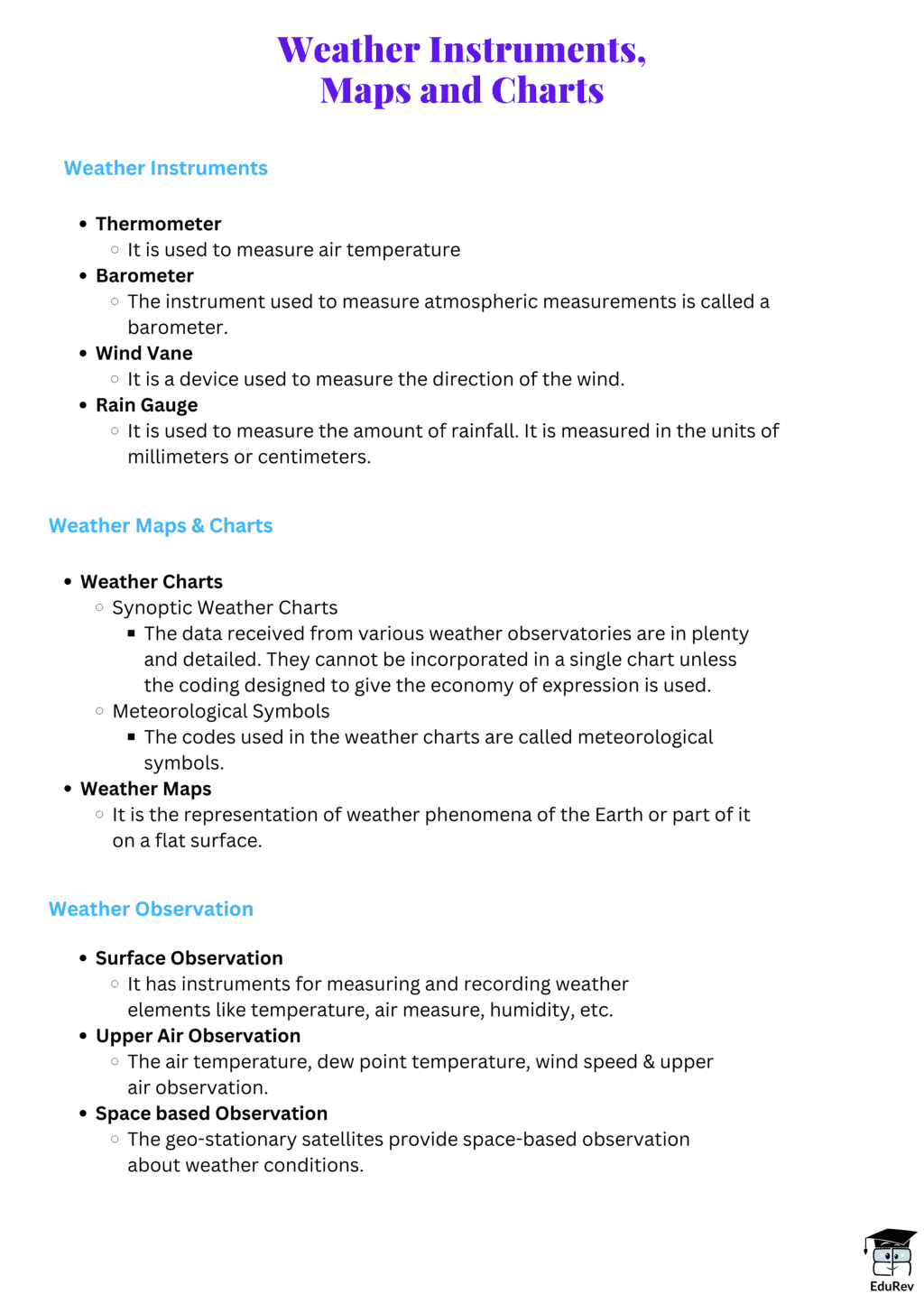 Mind Map: Weather Instruments, Maps & Charts | Geography Class 11 - Humanities/Arts