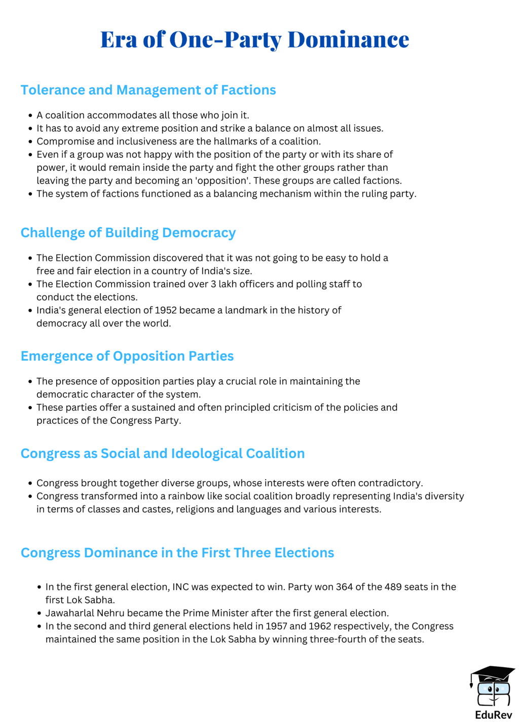 Mind Map: Era of One Party Dominance | Political Science Class 12 - Humanities/Arts